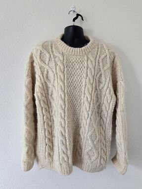 Ganesh Himal Mens Handknit 100% Wool Sweater Made In Nepal Large Fisherman Beige